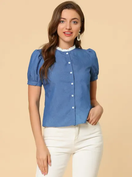 Allegra K - Puff Sleeve Lace Trim Stand Collar Summer Shirt