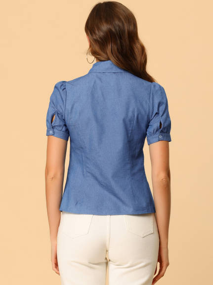 Allegra K - Puff Short Sleeve Button Denim Shirt