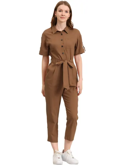 Allegra K- Turndown Collar Button up Tie Waist Cargo Jumpsuit