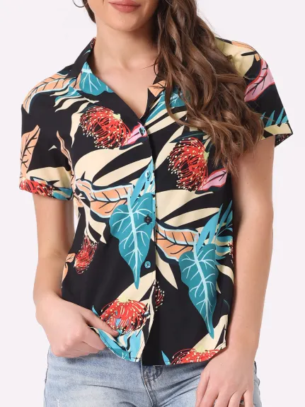 Allegra K - Chemise boutonnée à feuilles florales tropicales de plage