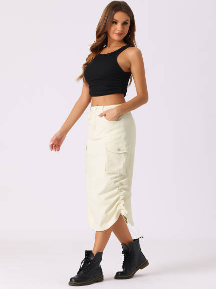 Allegra K- Flap Pocket Back Slit Drawstring Midi Cargo Skirt