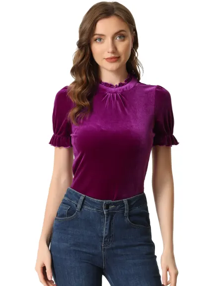 Allegra K- Ruffle Collar Short Sleeve Velvet Blouse