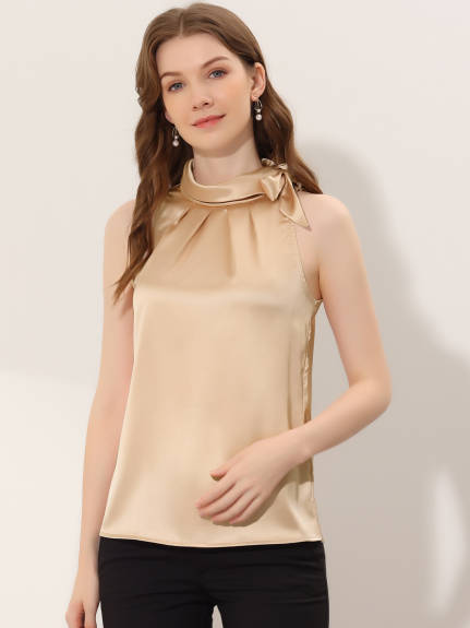 Allegra K - Satin Sleeveless Tie Neck Work Blouse