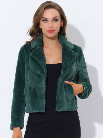 Allegra K- Notch Lapel Faux Fur Fluffy Cropped Coat