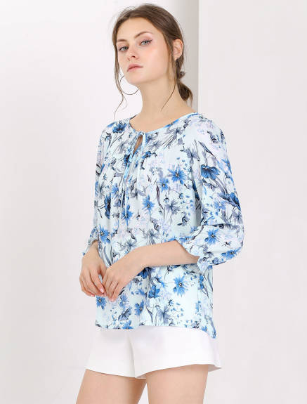 Allegra K- Tie V Neck Ruffled 3/4 Sleeve Floral Blouse