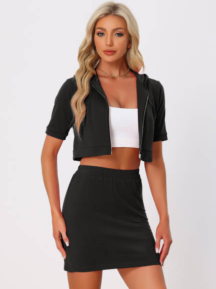 Allegra K- Short Sleeve Hoodie Jackets Mini Skirt Set