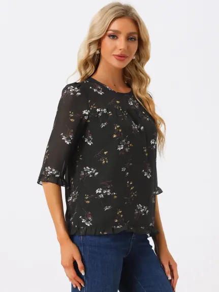 Allegra K- Floral Ruffled 3/4 Sleeve Chiffon Blouse