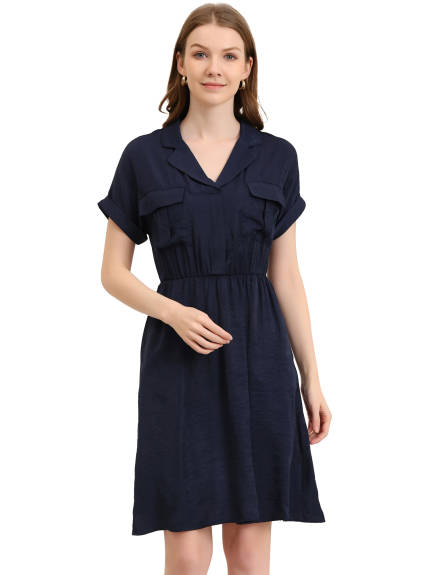 Allegra K- Notched Lapel V-Neck A-Line Shirt Dress