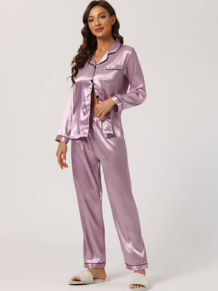 Allegra K - Satin Button Down Lounge Pajama Sets