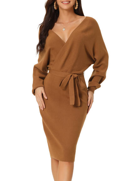 Allegra K - Deep Wrap V Neck Belted Sweater Dress