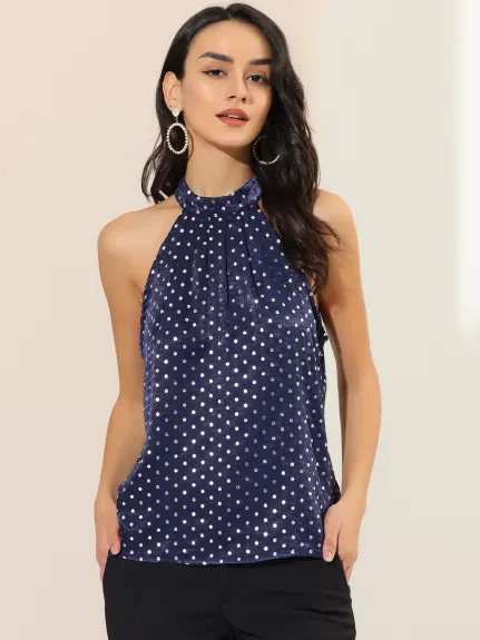 Allegra K - Satin Polka Dots Halter Neck Elegant Top