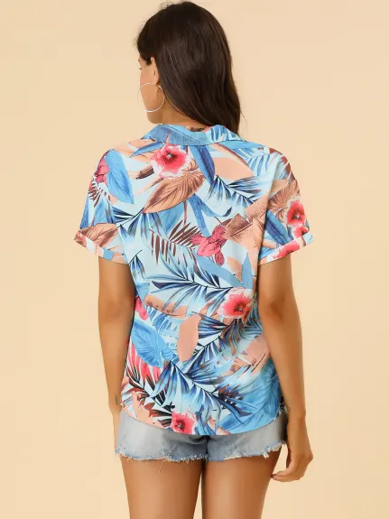 Allegra K- Beach Tropical Printed Button Down Shirt