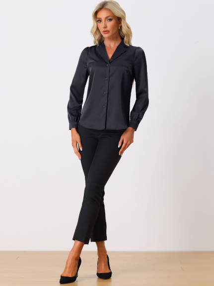 Allegra K- Long Sleeve Elegant Satin Shirt