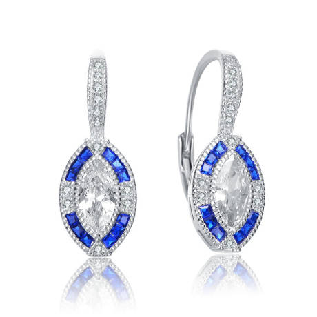 Genevive Sterling Silver White Gold Plated with Oval Sapphire Blue Cubic Zirconia Leverback Earrings