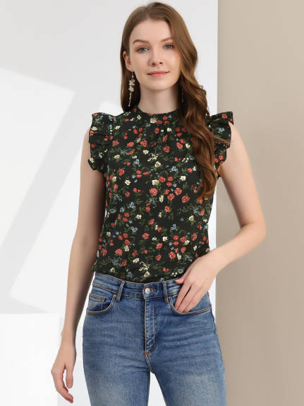 Allegra K - Casual Stand Collar Sleeveless Summer Floral Top