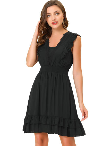 Allegra K- Sleeveless V Neck Lace Trim Ruffled Dress