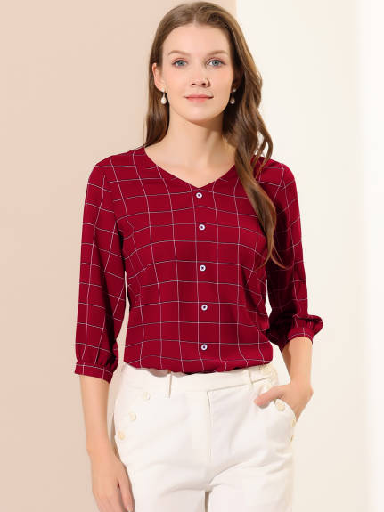 Allegra K- Half Sleeve Plaid Button Cuff V Neck Blouse