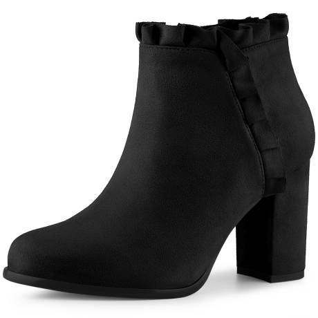 Allegra K - Round Toe Ruffle Trim Ankle Boots