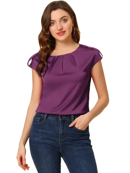 Allegra K- Cap Sleeve Silky Blouse Pleated Top