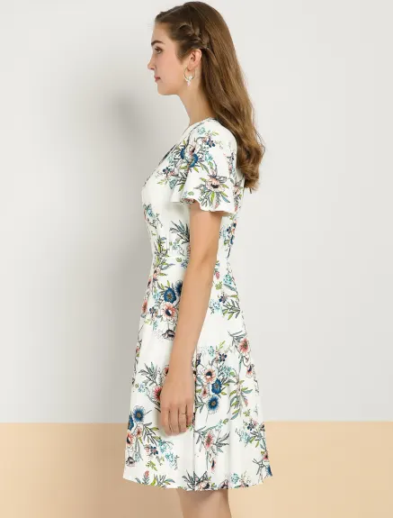 Allegra K- Floral Short Sleeves A-Line Dress