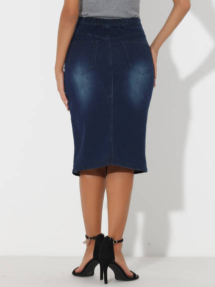 Allegra K- Elastic Waist Split Denim Pencil Skirt