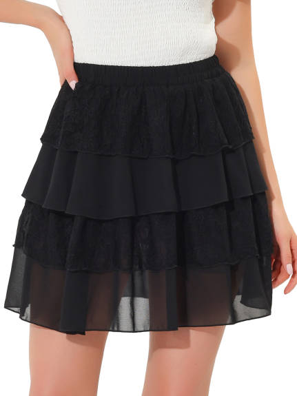 Allegra K- A-Line Lace Mini Tiered Skirt