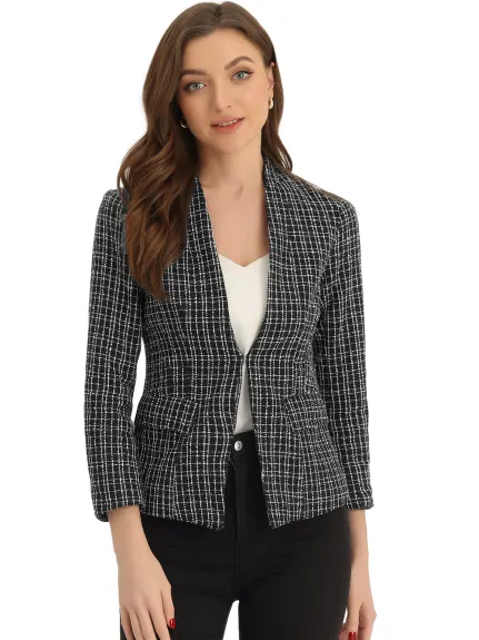 Allegra K- Vestes blazer à manches longues en tweed à carreaux