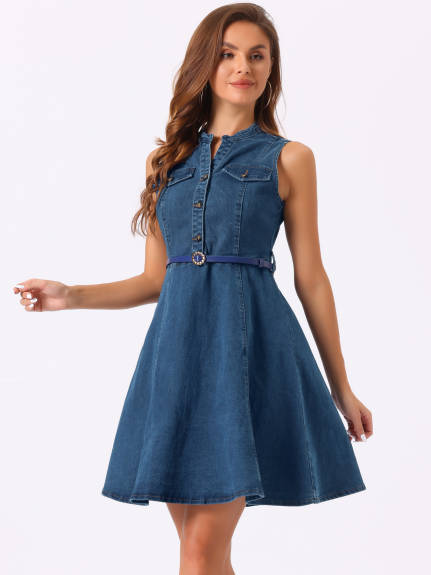 Allegra K- Denim Sleeveless Belted Flare Shirt Dress