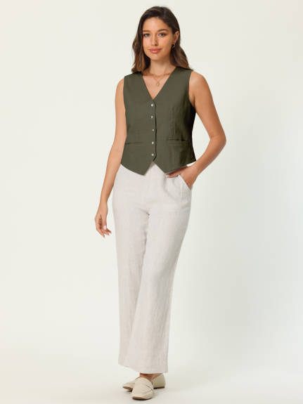 Hobemty- Linen Vest Sleeveless Button Down Waistcoat