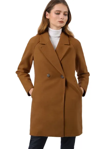 Allegra K- Double Breasted Lapel Raglan Sleeve Mid Length Overcoat