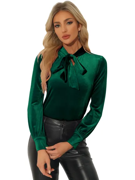 Allegra K- Vintage Velvet Tie Neck Long Sleeve Blouse