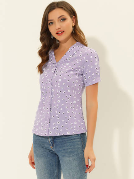 Allegra K- Peter Pan Collar Top Floral Shirt