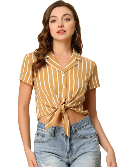 Allegra K- Chemise courte rayée à manches courtes nouée sur le devant