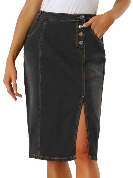 Allegra K - Button Side Slit Midi Denim Skirt