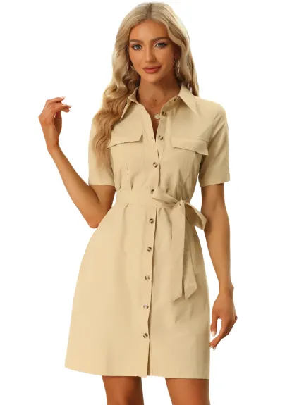 Allegra K- Button Down Safari Pocket Belted Shirt dress