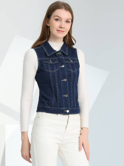 Allegra K- Washed Denim Buttoned Vest with Flap Pockets