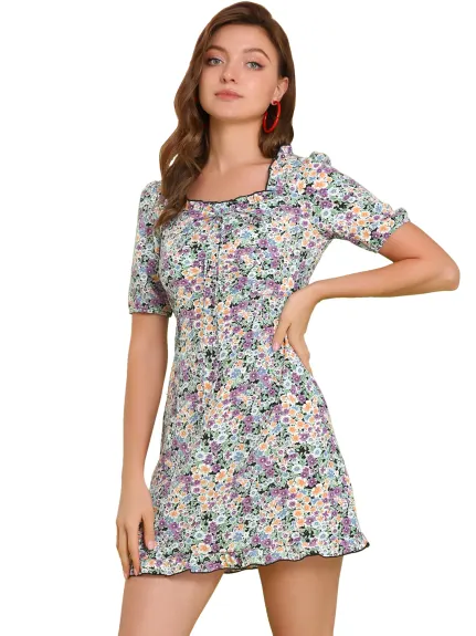 Allegra K- Floral Ruffle Square Neck Summer Mini Dress