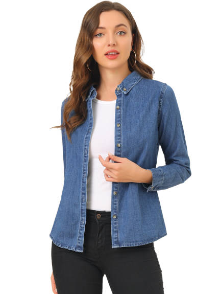 Allegra K- Long Sleeve Button Down Jean Denim Shirt