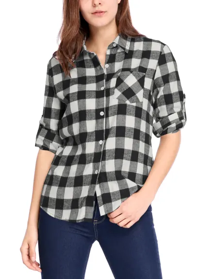 Allegra K- Plaid Long Sleeves Cuff Button Down Shirt