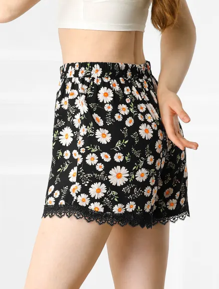 Allegra K - Elastic Waist Lace Trim Summer Floral Shorts