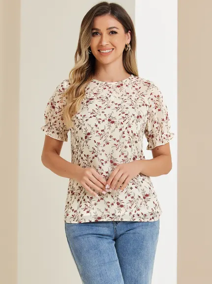 Allegra K- Chiffon Ruffled Trim Floral Blouse