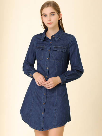 Allegra K- Long Sleeve Curved Hem Denim Shirt dress