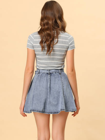 Allegra K- Belted A-Line Mini Denim Skirt