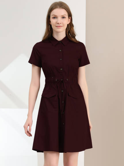 Allegra K- Button Down Cotton Flare Shirt Dress