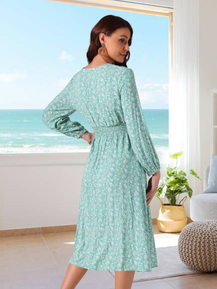 Allegra K - Floral V-Neck Long Sleeve Midi Dress