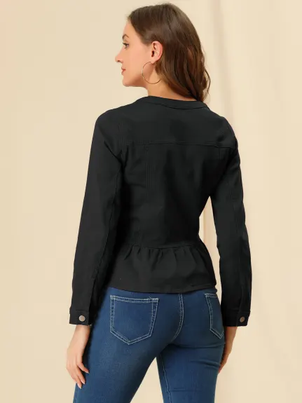 Allegra K - Veste en jean délavée courte à ourlet volanté