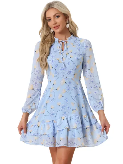 Allegra K- Mini-robe en mousseline à volants et col noué à fleurs