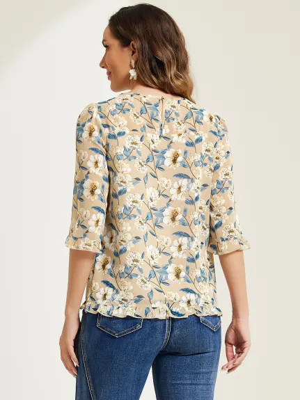 Allegra K- Blouse florale en mousseline à manches 3/4 et à volants