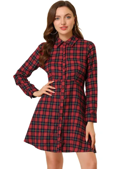 Allegra K- Plaids Cotton Fit and Flare Shirt Dress