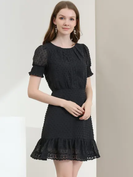 Allegra K- Short Sheer Sleeve Ruffle Hem Swiss Dots Chiffon Dress